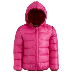New - Girls Quilted Solid Packable Hooded Puffer Reversible Jacket